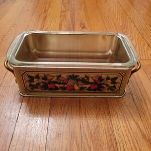 Pyrex 1.5 Qt Bread Pan‎ Baking Dish Vintage Teleflora 1981 Decorative Tin Holder